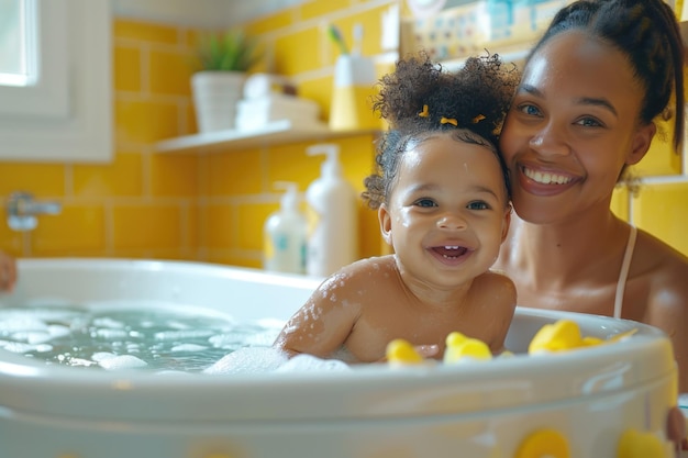 Mother bathing her cute little baby at home ai generated