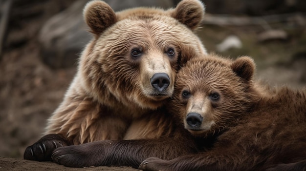 A mother bear and her cub cuddling on a rock.