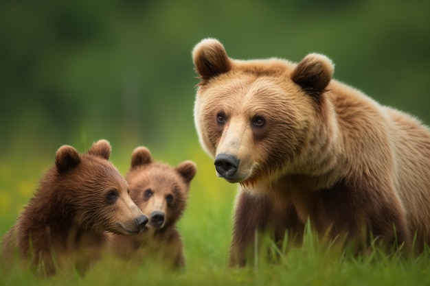 A mother bear and her cubs in a field