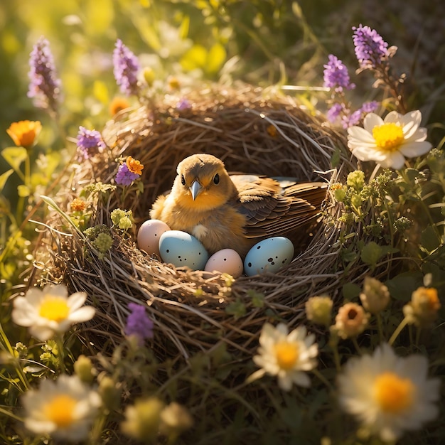 A mother bird nestled in her nest her eggs illuminated by the warm morning sun Ai Generated