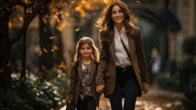 Mother in business suit walking with her child Daughter To School Along Path in the city Happy Mother's Day concept background Love family