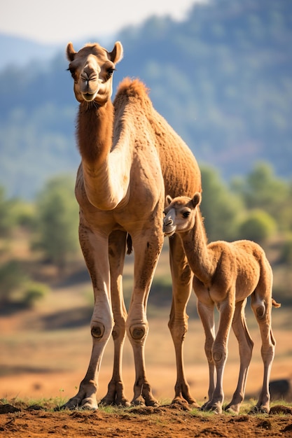 a mother camel and her baby walking in a field