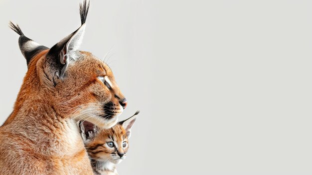 Photo mother caracal and her kitten against a soft gray background