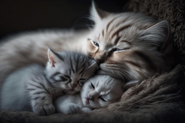 A mother cat cuddling a baby cat Generative AI