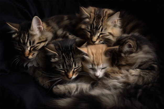 Mother Cat with Fluffy Kittens Sleeping in Group