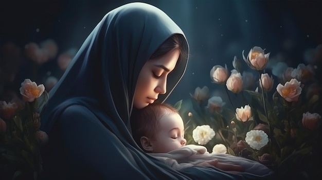 Mother cearing her baby illustration