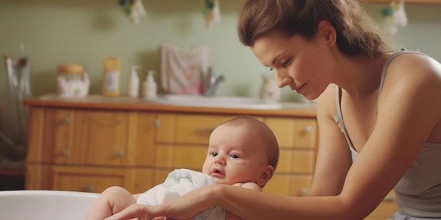 Photo a mother changing her newborn's diaper generative ai