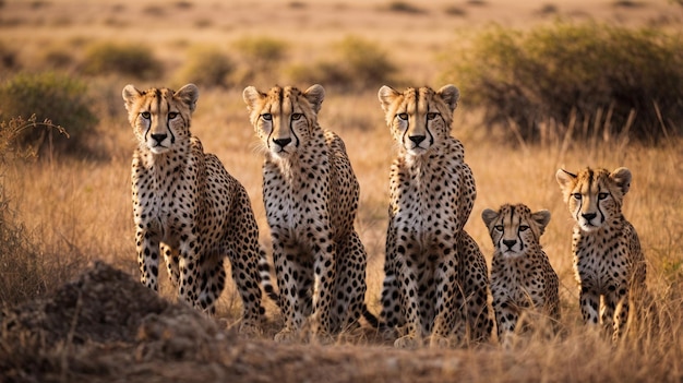 A mother cheetah and her cubs in the vast savannah landscape