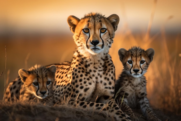 a mother cheetah and her two cubs