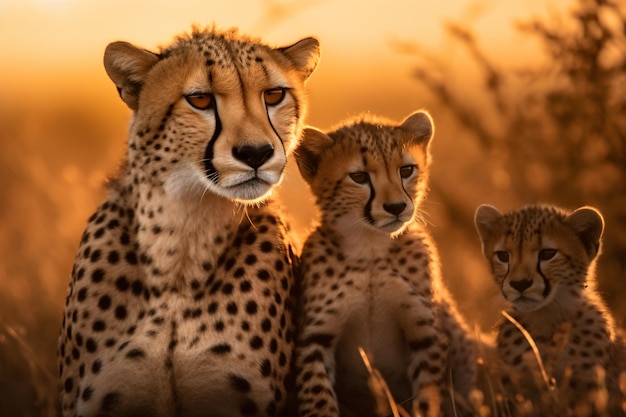 a mother cheetah and her two cubs