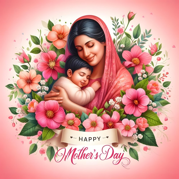 a mother and child are posing for a photo with flowers and a pink background