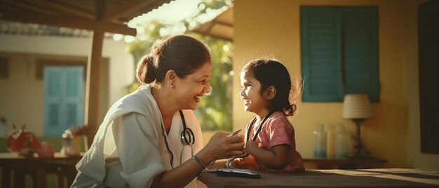 Photo a mother and child are talking in a hospital