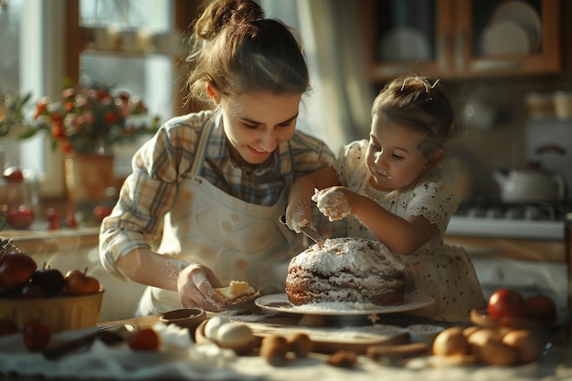 Photo mother and child baking a cake for a special occas