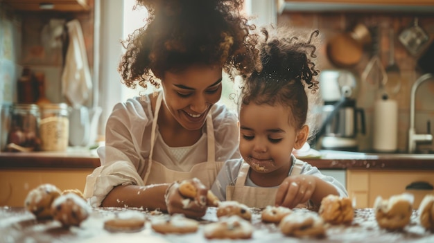 A mother and child baking cookies together in the kitchen