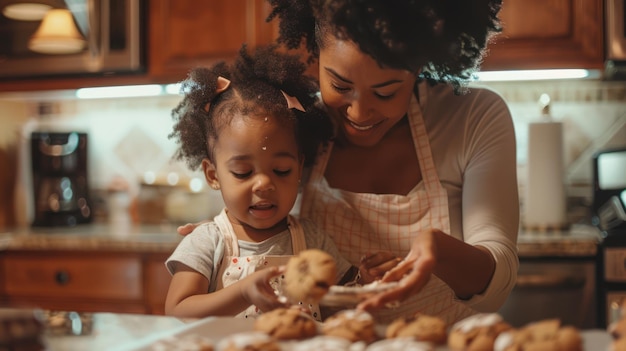 A mother and child baking cookies together in the kitchen