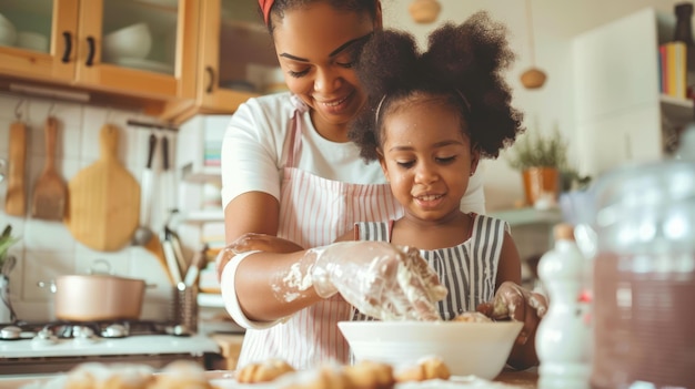 A mother and child baking cookies together in the kitchen