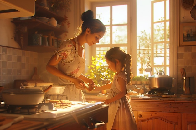 Mother and child baking cookies together in a sunl