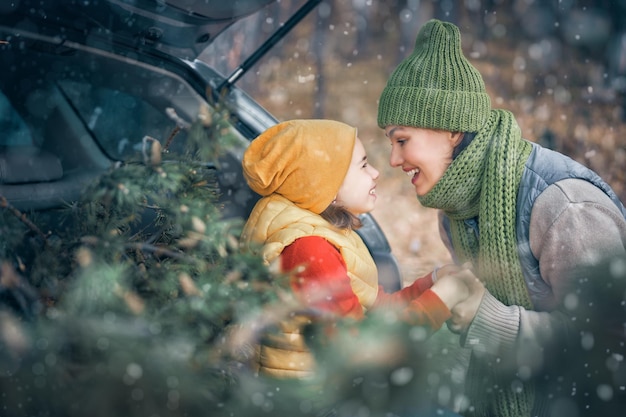 雪の降る冬の自然の母子と車