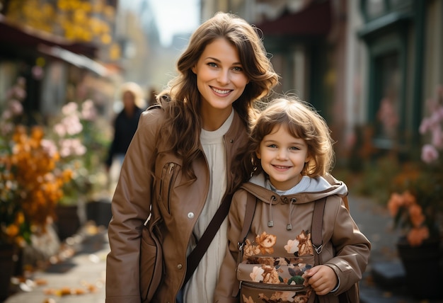 Mother and child carrying school bag