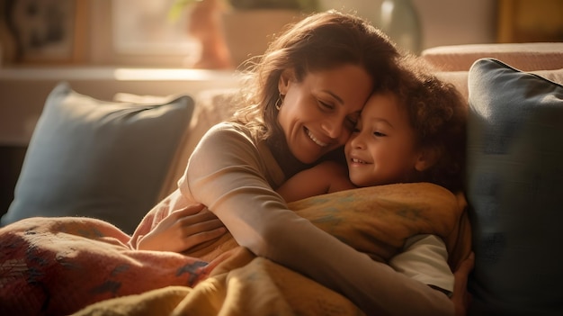 A mother and child cuddle on a couch.