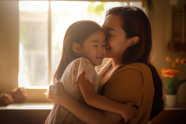 A mother and child cuddle together