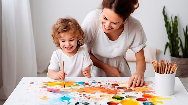 엄마와 아이가 집에서 함께 그림을 그립니다.