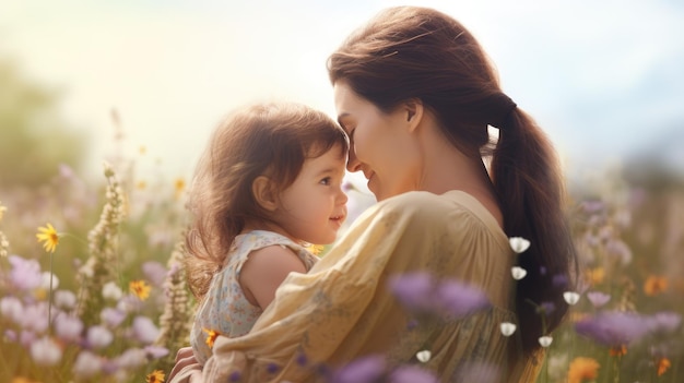 Mother and Child Embracing in Sunlit Flower Field Mothers day