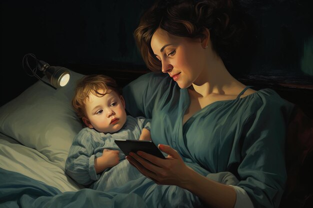 Mother and child enjoying bedtime story on tablet