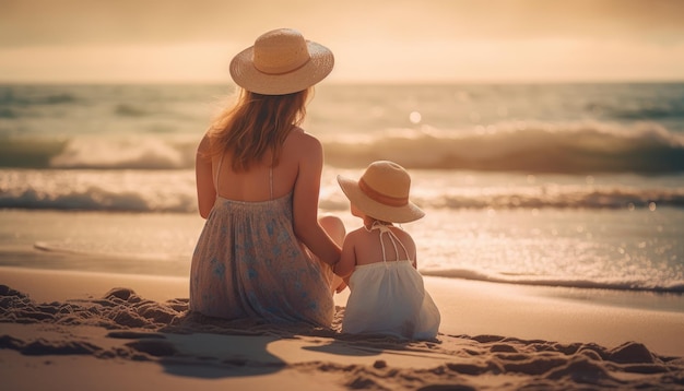 Mother and child enjoying a leisurely day at the beach with the sea and sun Mother's Day