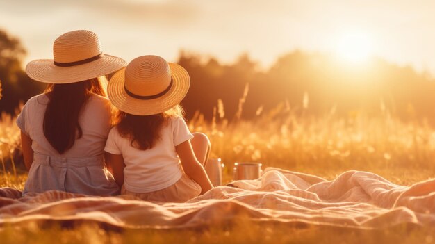 Mother and child enjoying a picnic in the park on sunny day with copy space for text Happy mothers Day