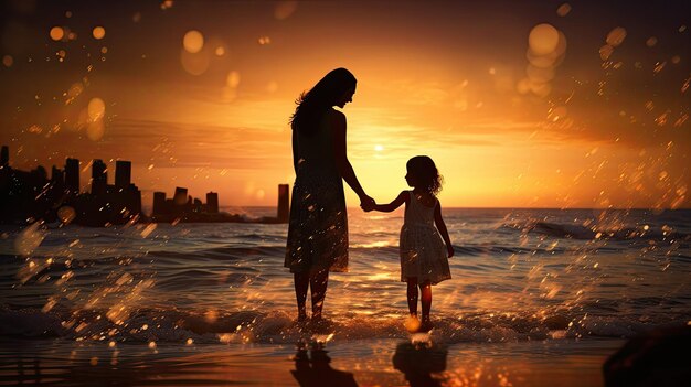 Mother and child enjoying summer vacation on a beach with blurred abstract background and bokeh lights