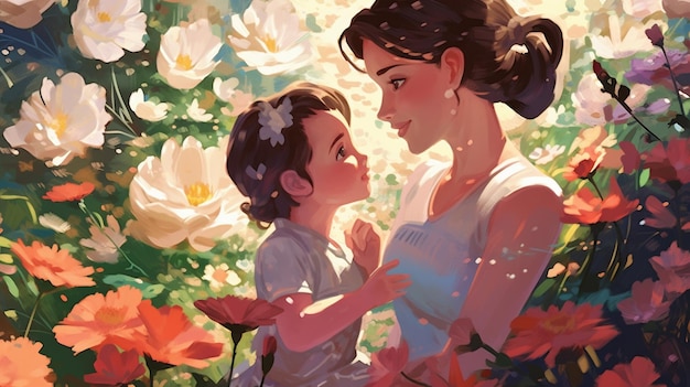 A mother and child in a field of flowers