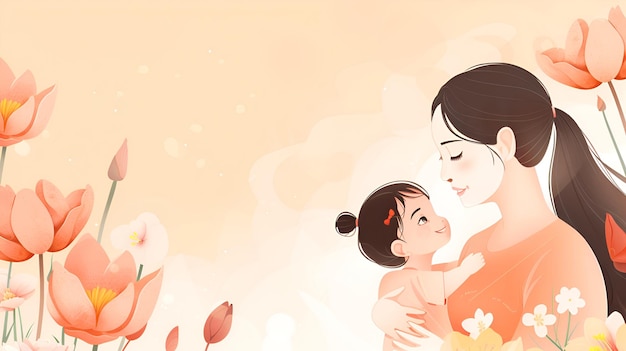 Mother and child among flowers peach background Mothers Day