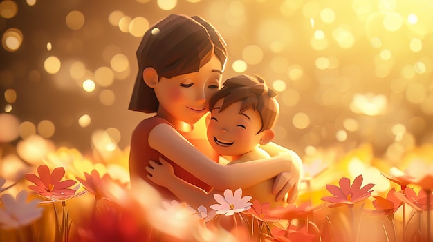 Photo a mother and child in the grass with flowers