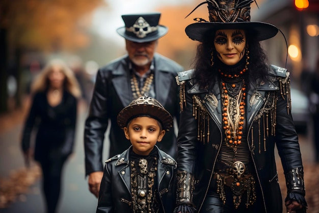 Mother and child in Halloween costumes walking down the street with blurry people in the background