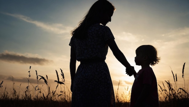 mother and child holding hands on the beach at sunset