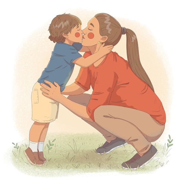 Mother and child hug and kiss