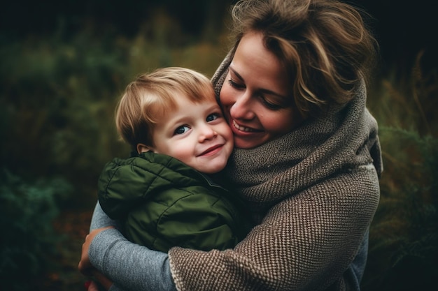 A mother and child hugging and smiling