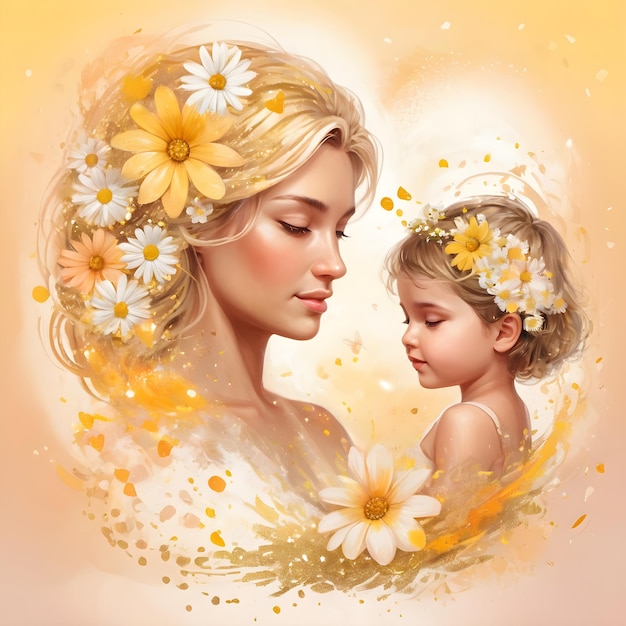 Mother and child illustration yellow white and orange flowers gold glitter