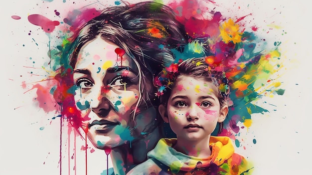 Mother and Child Ink Splatter Vibrant Painting Mothers Day