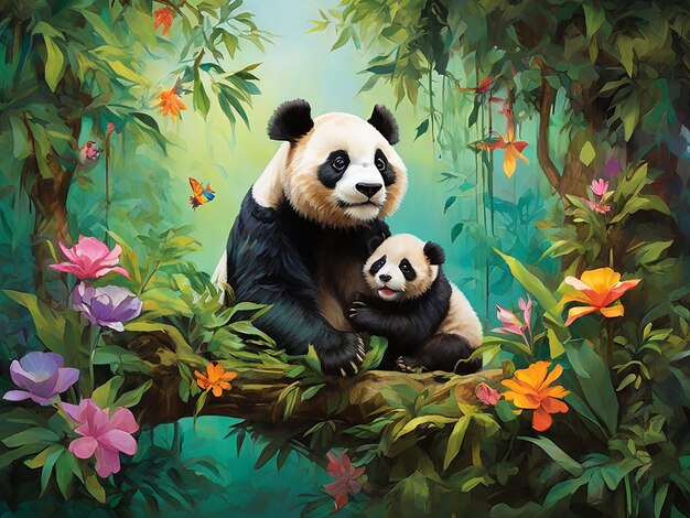 Mother and child panda bonding creates a beautiful feeling of panda love Generative AI