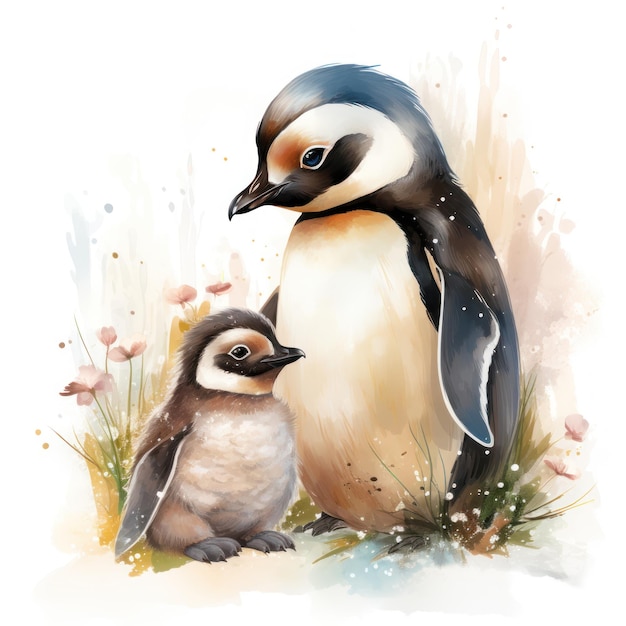 Mother and Child Penguin Clipart on White Background AI Generated