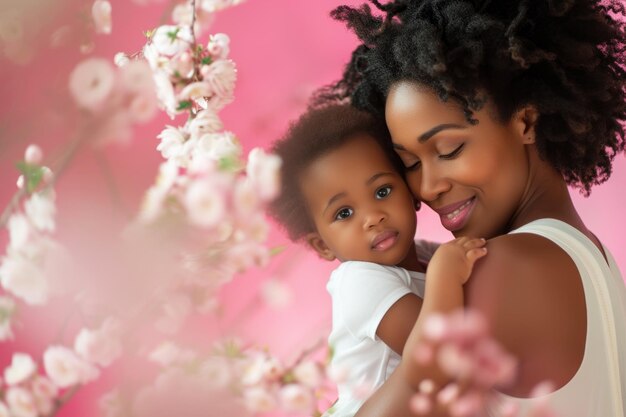 Mother and child on a pink background embracing Mothers day concept