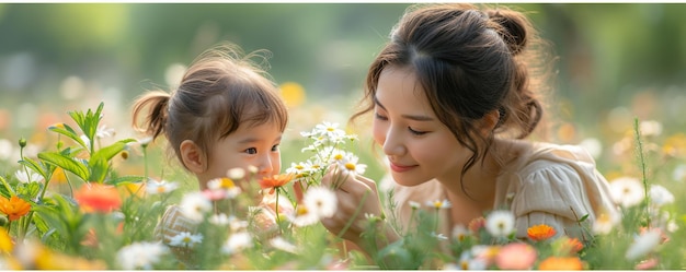 Mother And Child Planting Flowers Nurturing Growth Background