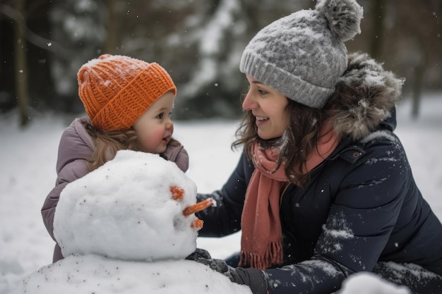 A mother and child playing in the snow