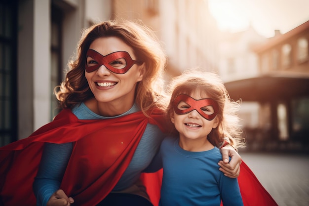 Foto madre e bambino che giocano insieme in costume da supereroe divertendosi vacanza in famiglia e insieme