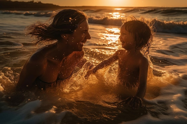 A mother and child playing in the water at sunset