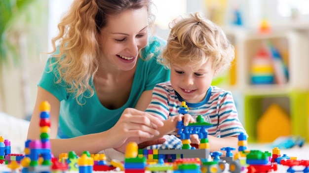 A mother and child playing with a toy engineers kit