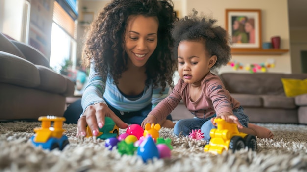 A mother and child playing with toys on the living room floor