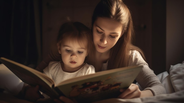 A mother and child reading a book in the dark